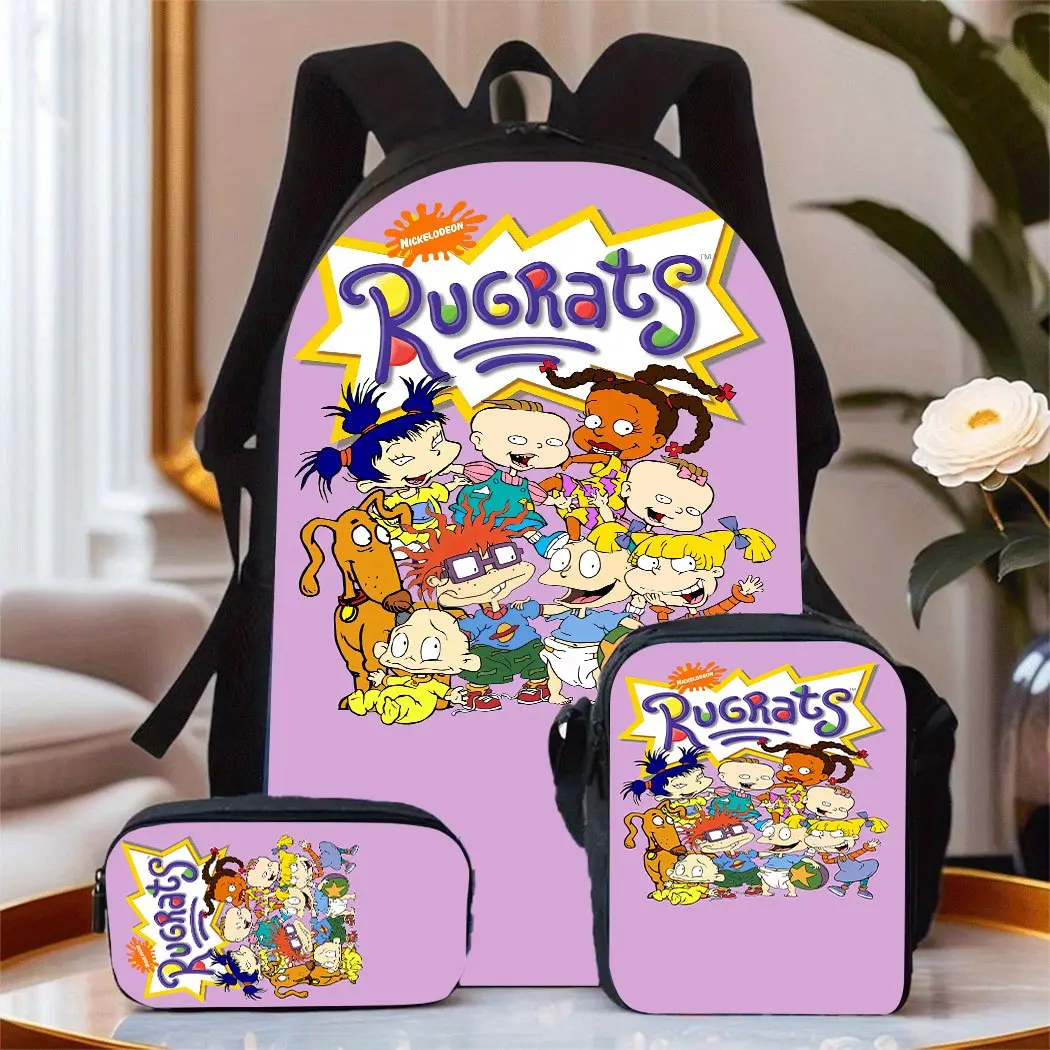 Rugrats 90s Classic Cartoon Print Cute 3-in-1 Polyester Synthetic Fabric Backpack with Daily Stationery Set, All-Seasons Back-to-School Item for High School Students, Polyester Fabric