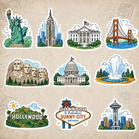 USA Landmark Travel Stickers, American Cities & National Parks Decal Pack, Statue of Liberty, Golden Gate Bridge, Hollywood, Yellowstone Vinyl Stickers