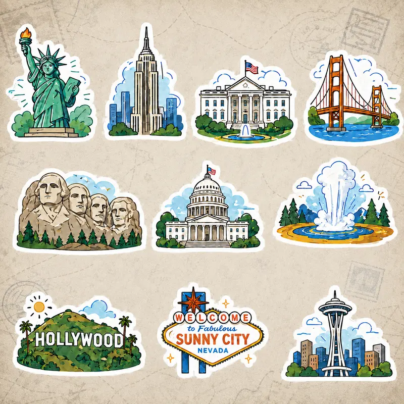 USA Landmark Travel Stickers, American Cities & National Parks Decal Pack, Statue of Liberty, Golden Gate Bridge, Hollywood, Yellowstone Vinyl Stickers
