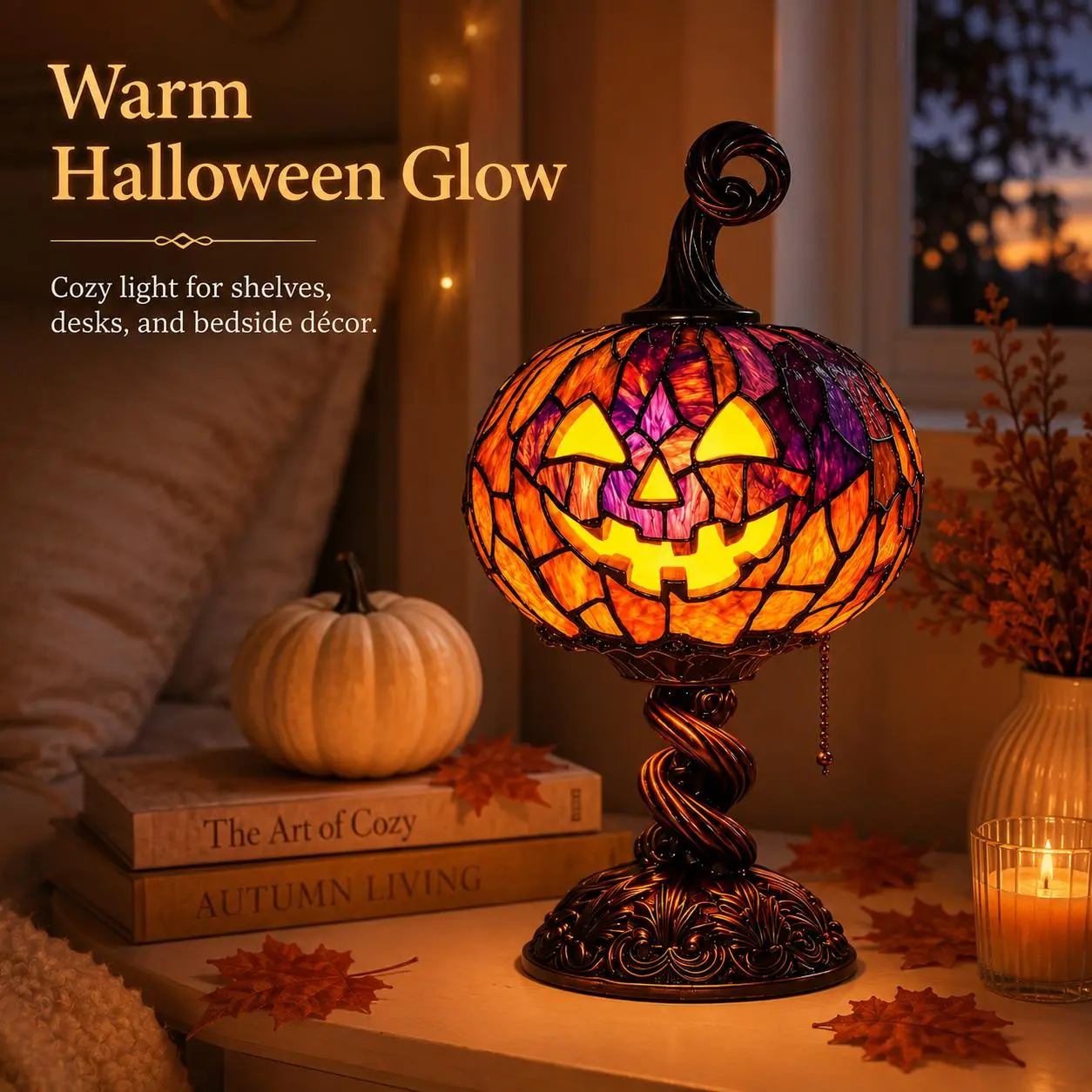 Halloween Ghost Bat Pumpkin Table Lamp, Light-Up Resin Night Light, Cute Spooky Tabletop Decoration for Mantel, Desk, Bedroom, Halloween Party & Gift