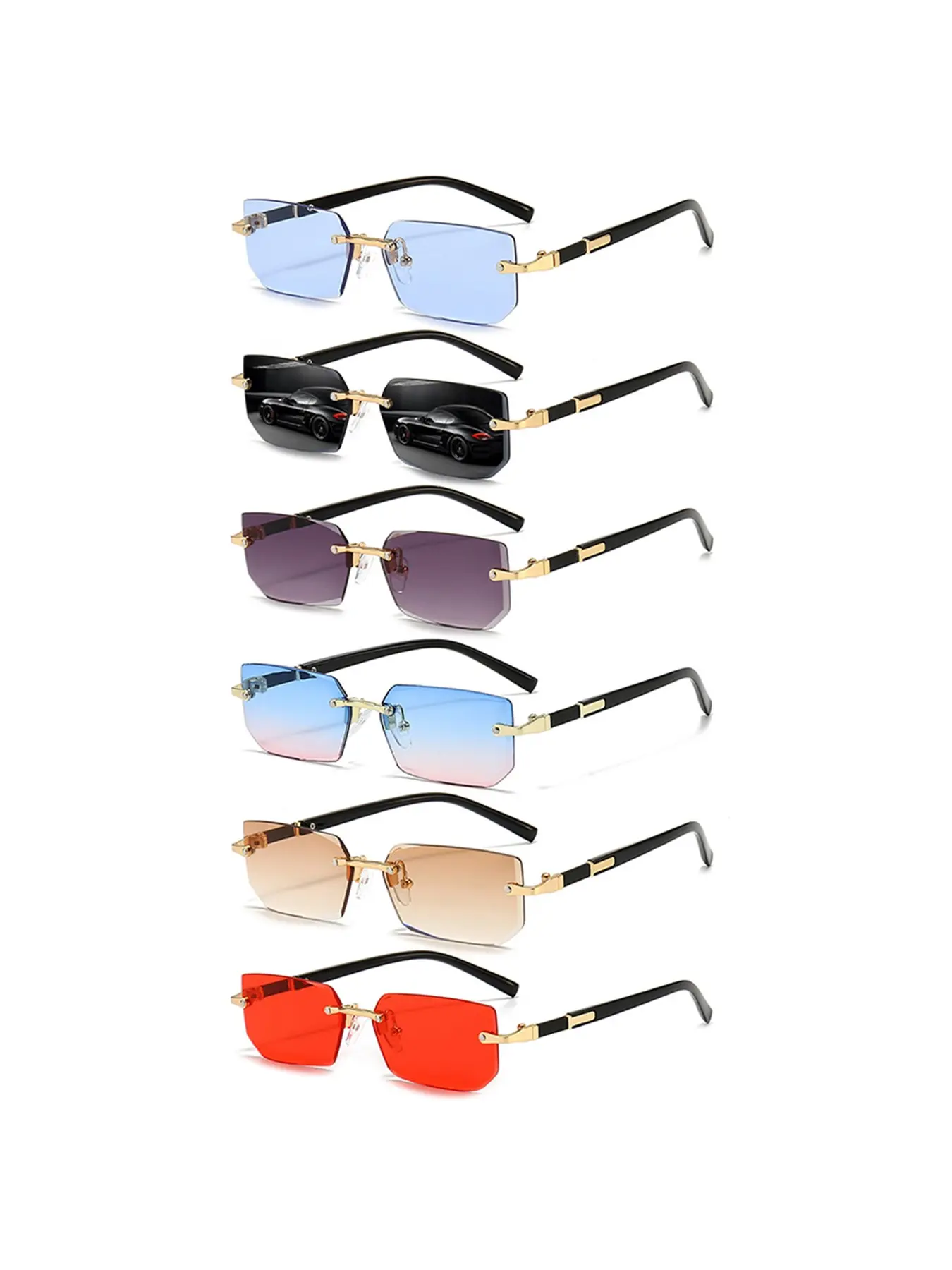 6 pairs of fashionable frameless rectangular gradient Ombre Lens sunglasses, trendy men's and women's glasses, metal design, metal eyeglass legs enhance durability, fashionable and comfortable, making it the perfect choice for daily casual wear.