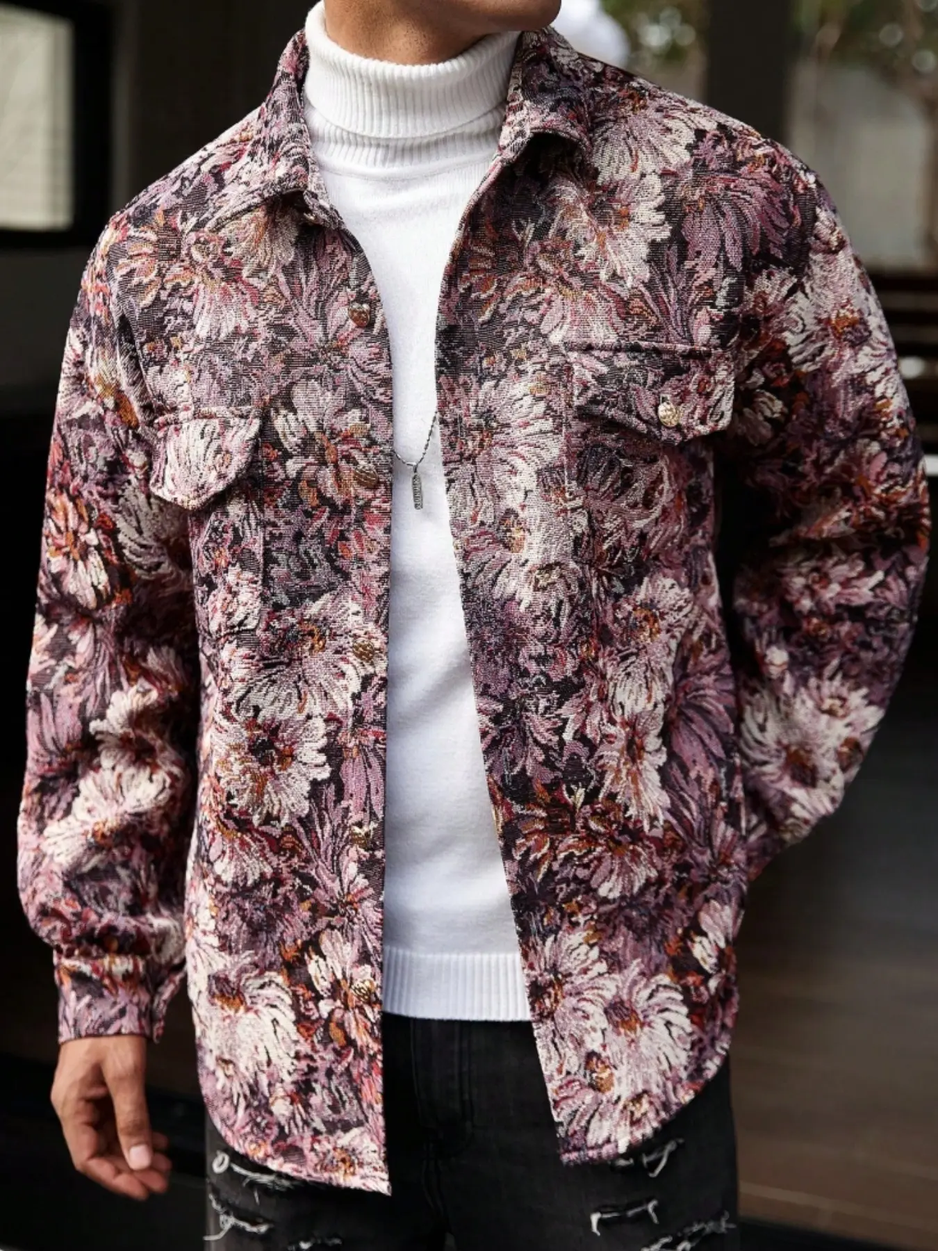 Retro Oil Painting Flower Woven Tapestry Baggy Overshirt for Men Blue Floral Pattern Lapel Collar Metal Button Lightweight Shirt Coat Hip Hop Street Outerwear