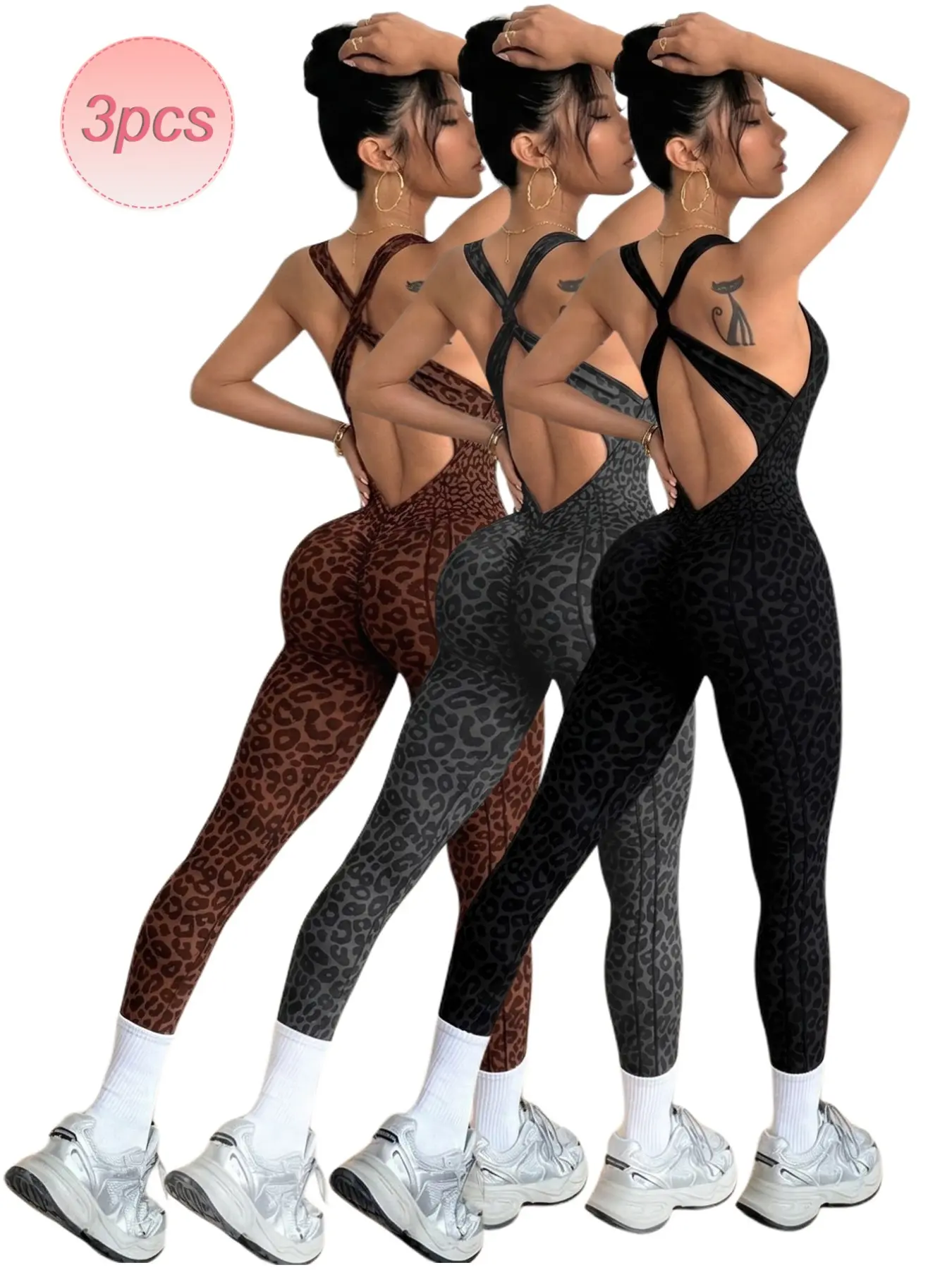 3-Pack Seamless Leopard Print Jumpsuits, Summer Backless Cross-Back Straps, Detachable Pads, High-Waisted Sporty Yoga Pants for Women, Sleeveless Jumpsuits, Summer Sports Jumpsuits