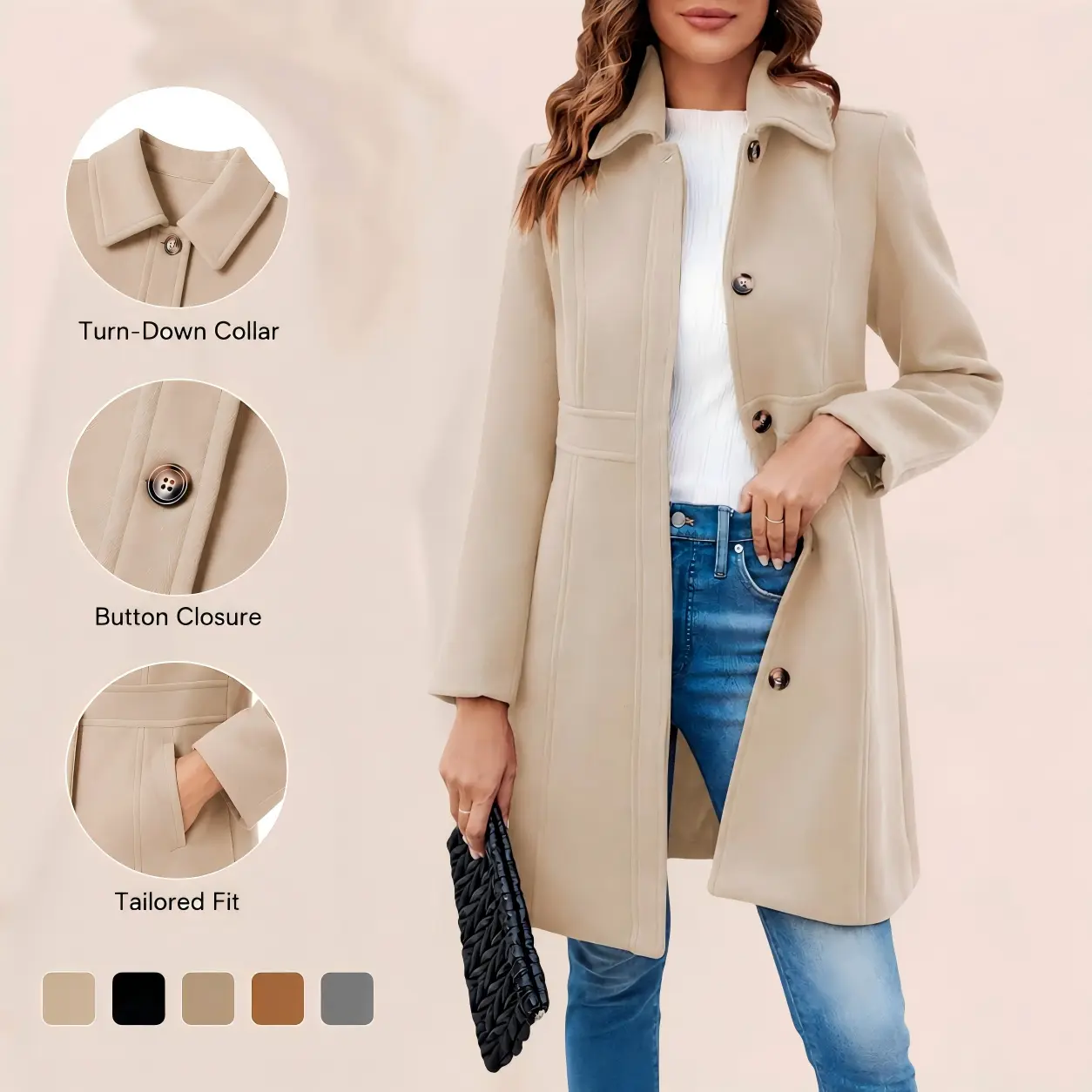 Imily Bela Women's Elegant Single Breasted Coat Long Sleeve Mid Winter Overcoat Work Office Pea Coat