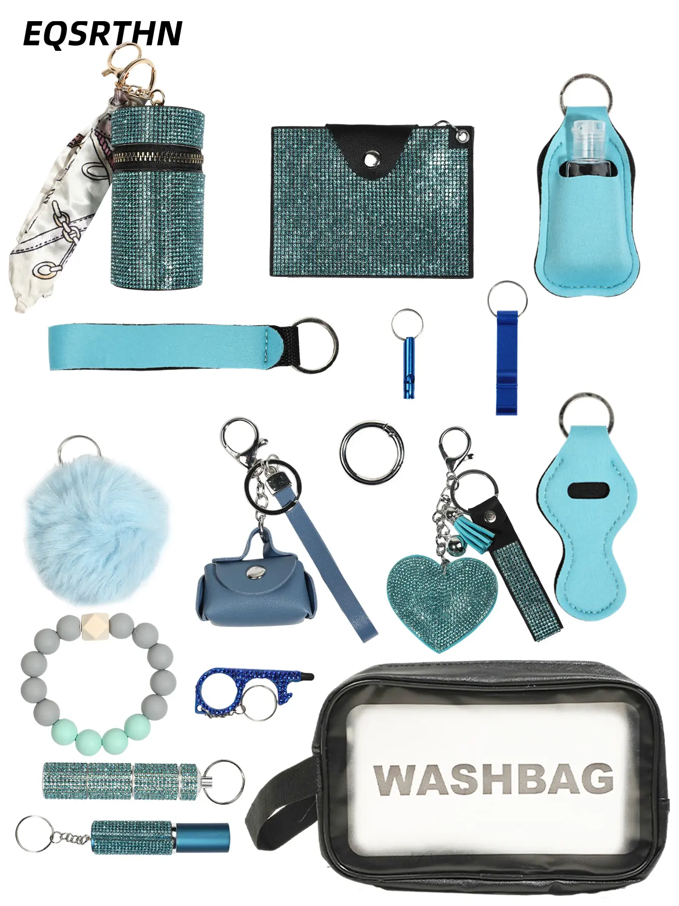 17pcs Cute Self Defense Keychain Set for Women Aesthetic Safety Survival Tools Wristlet Strap Hand Sanitizer Bottle Pouch Lip Balm Sleeve Heart Charm Whistle Keyring Birthday Gifts for Women Mom Friends