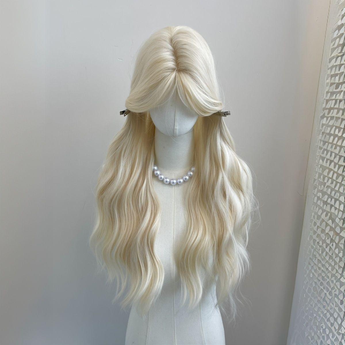 Women's Full Cap Platinum Blonde Long Curly Wig  Natural Middle Part Curtain Bangs, Water Wave Invisible Lace Front Wig