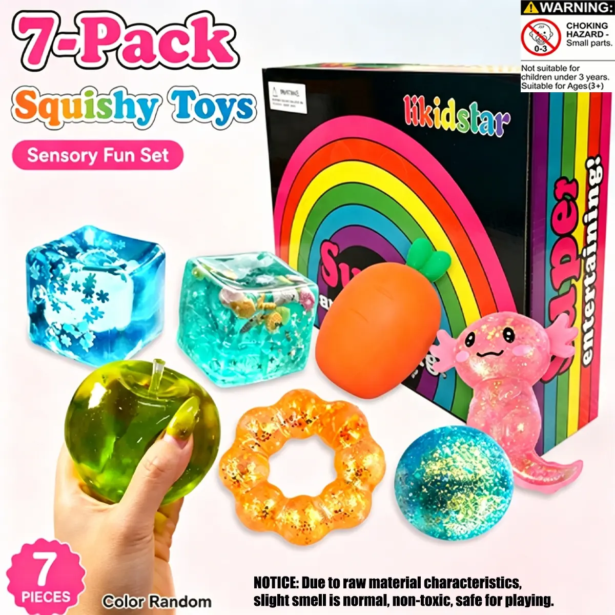 7pcs/set - Novelty and exquisite multi style glitter powder series kneading set Squishy Sensory Play, stress relieving creative release slow rebound kneading, family school entertainment party gift Squishy Kit