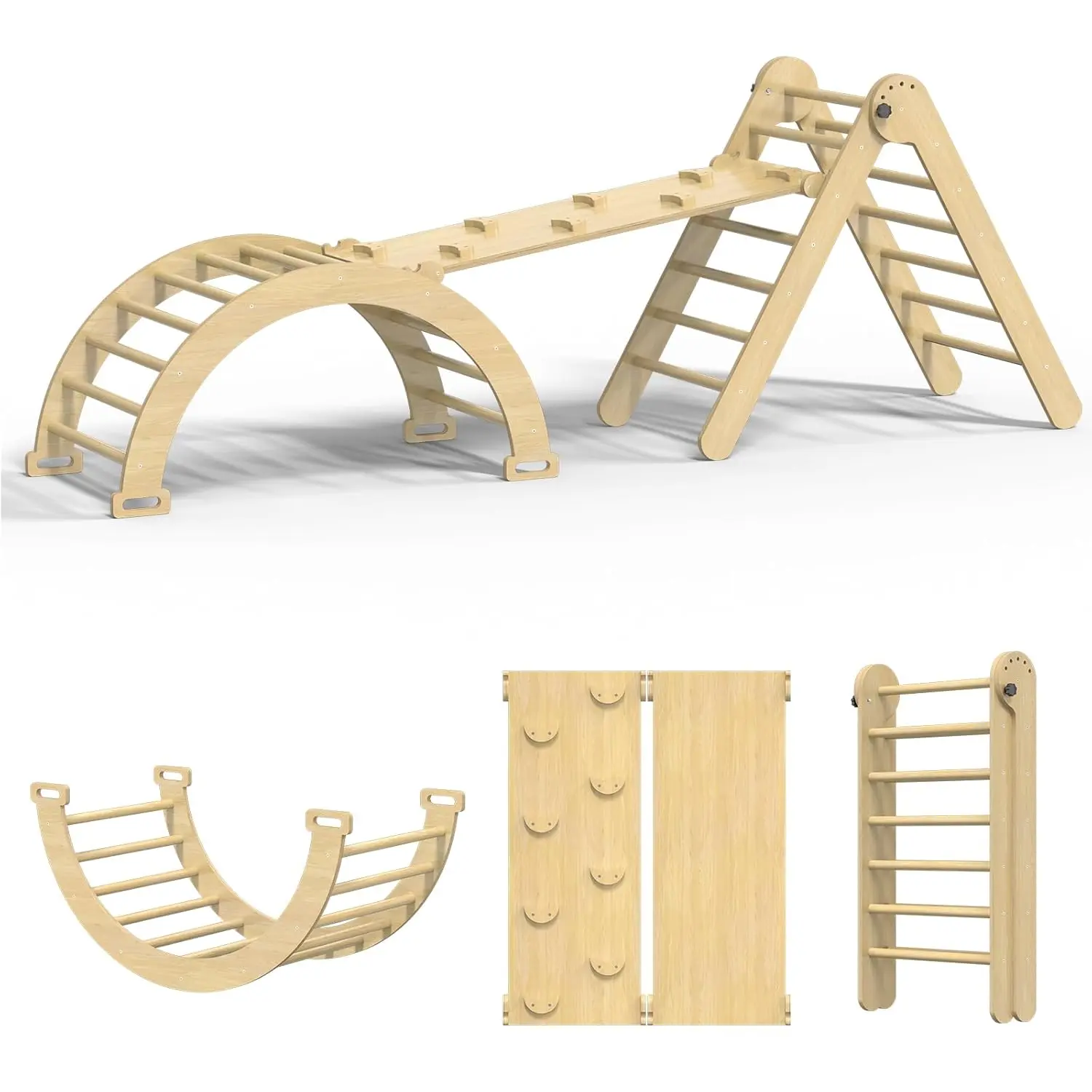 Pikler Triangle Set, 7 in 1 Foldable Climbing Toys Set for Kids, Baby Jungle Gym with Ramp & Arch,Wooden Montessori Climbing Set Indoor for Toddler (Natural)fidget toys
