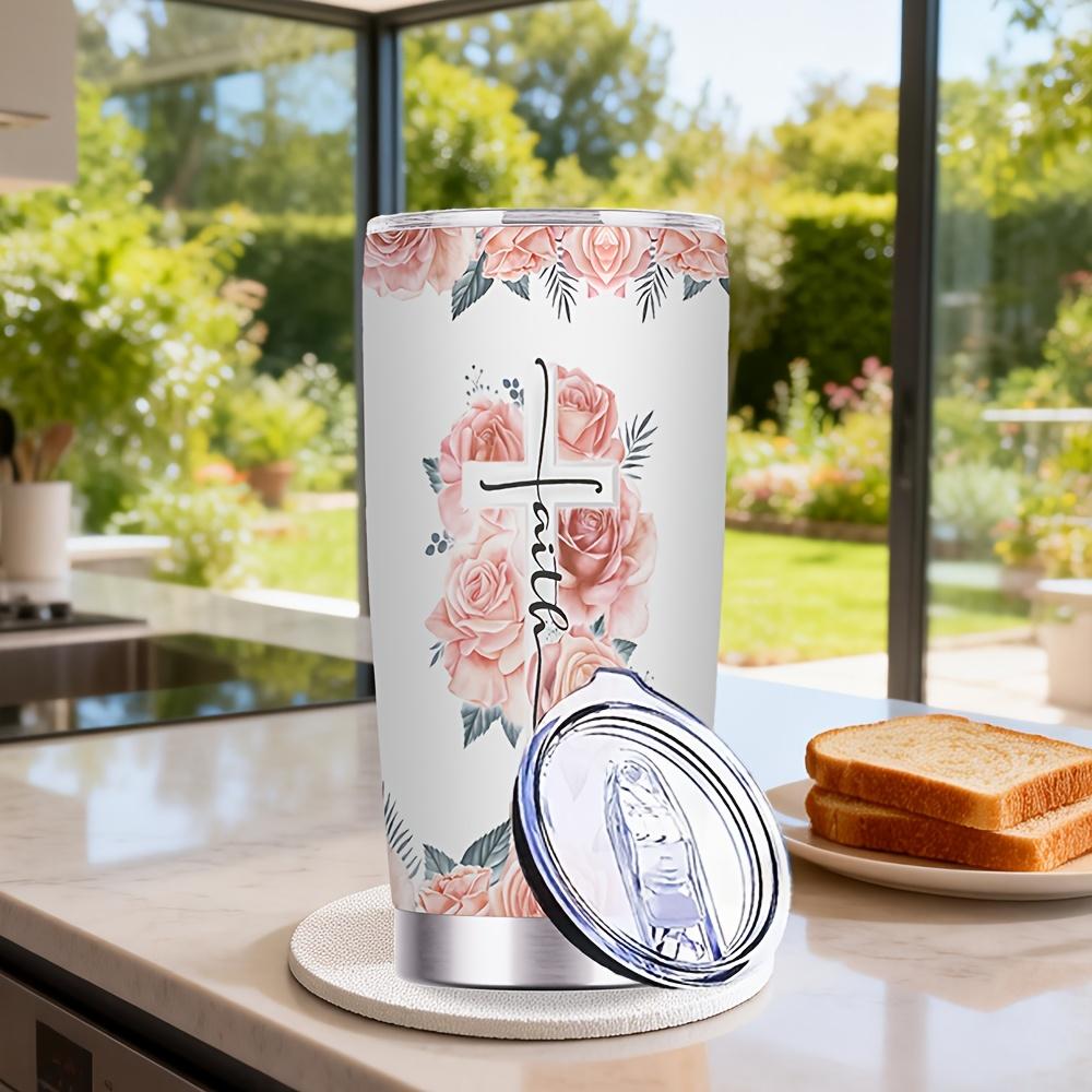 20oz Stainless Steel Tumbler with Lid & Straw - Vacuum Insulated, Double-Wall Travel Mug, Portable Cup with Time Marker Markings & Flower for Coffee, Tea, Juice - Gift for / (Valentine's, Mother's