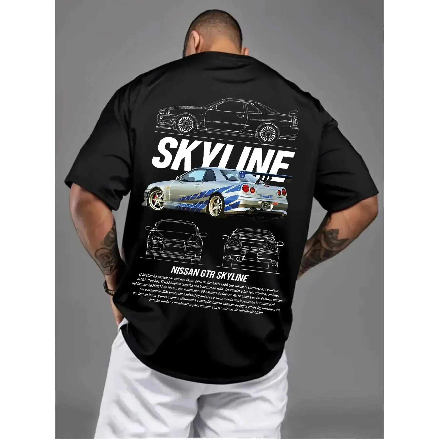 Men's 100% Cotton 180gsm Shortsleeve Fabric Tshirt - Nissan Skyline GTR R34 Print, JDM Car Enthusiast Casual Streetwear, Vintage Blueprint Design, Fast & Furious Inspired Mens Clothing, Cool Gifts for Guys