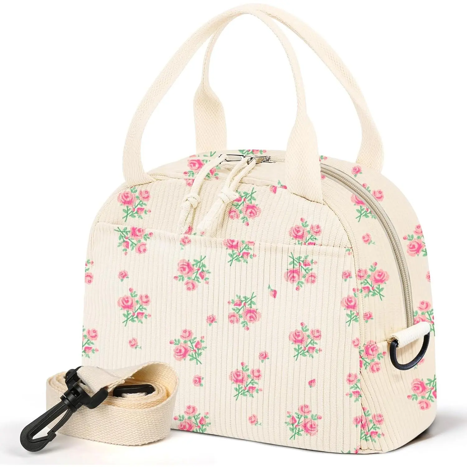 Lunch Box for Women,Cherry Lunch Cute Corduroy Insulated Lunch Box With Shoulder Strap for Adult Womens for Work Picnic (pink floral)