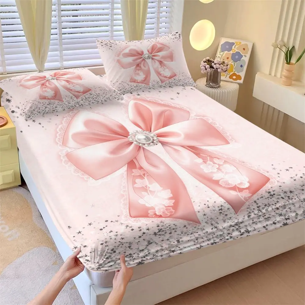 3Pcs Coquette Aesthetic Bedding Set, Pink Bows Fitted Sheet Set, Romantic Lace Pearl Print Bed Sheets Set for Girls Room, Soft Microfiber Bedding Set with Pillowcases No Fillers