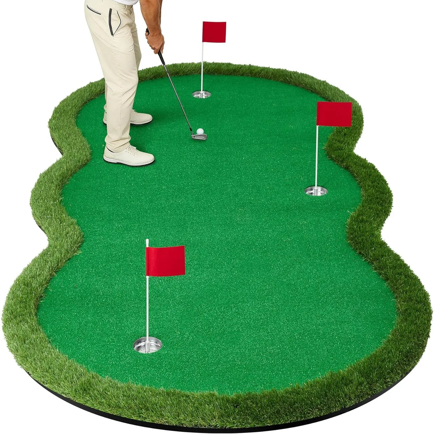 Golf Putting Green Mat 5x10ft, Portable Golf Training Equipment with EVA Base for Superior Stability, Professional Artificial Grass Surface for Indoor & Outdoor Home Practice, Includes 3 Cups & Flags, Authentic Grass, Flexible Roll, Hassle-Free Maintenanc