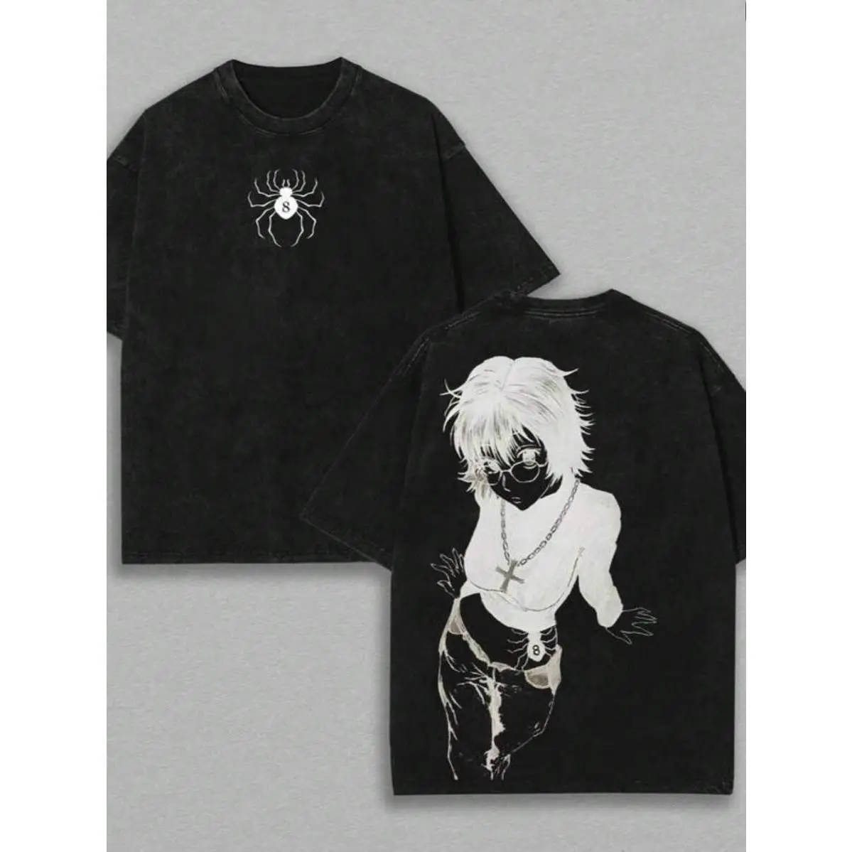 Hunter x Hunter Machi Phantom Troupe Spider Double Sided Graphic T-Shirt Vintage Washed Black Oversized 100% Cotton Short Sleeve Tee Anime Dark Grunge Streetwear For Men Women
