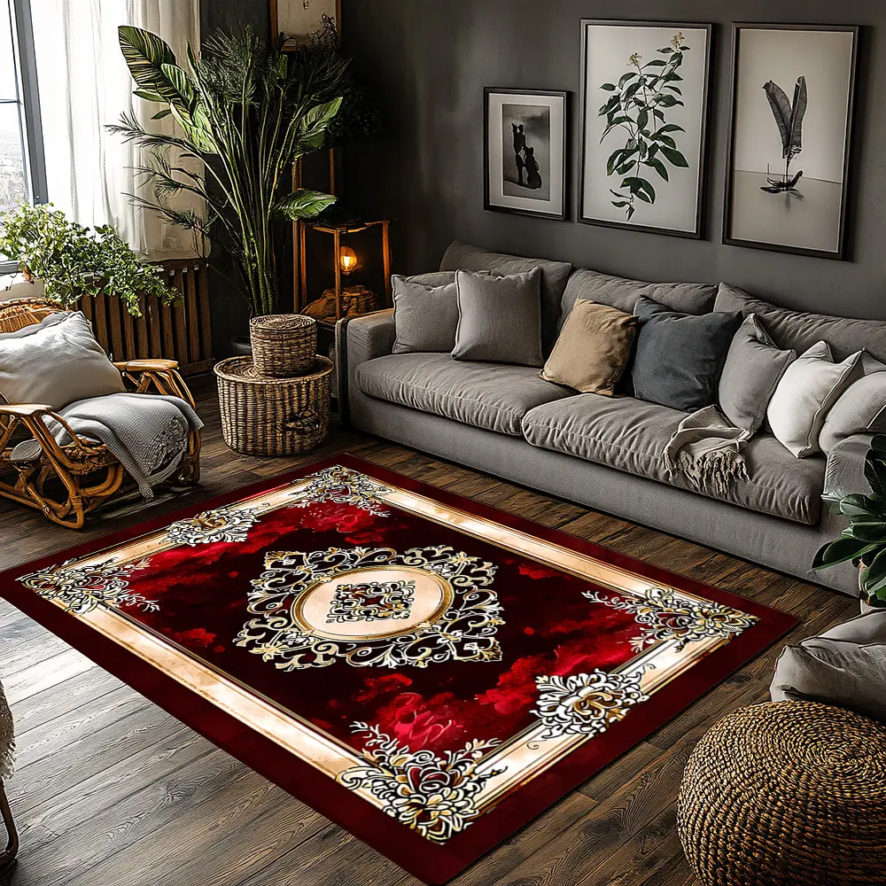 Burgundy Red Gold Silver Baroque Medallion Crystal Velvet Area Rug Indoor Decorative Rug Non‑Slip Luxury Modern European Living Room Rug#BurgundyBaroqueMedallionRug #GoldSilverOrnateRug #ModernLuxuryDecor #VintageFrameCarpet #CrystalVelvetRug