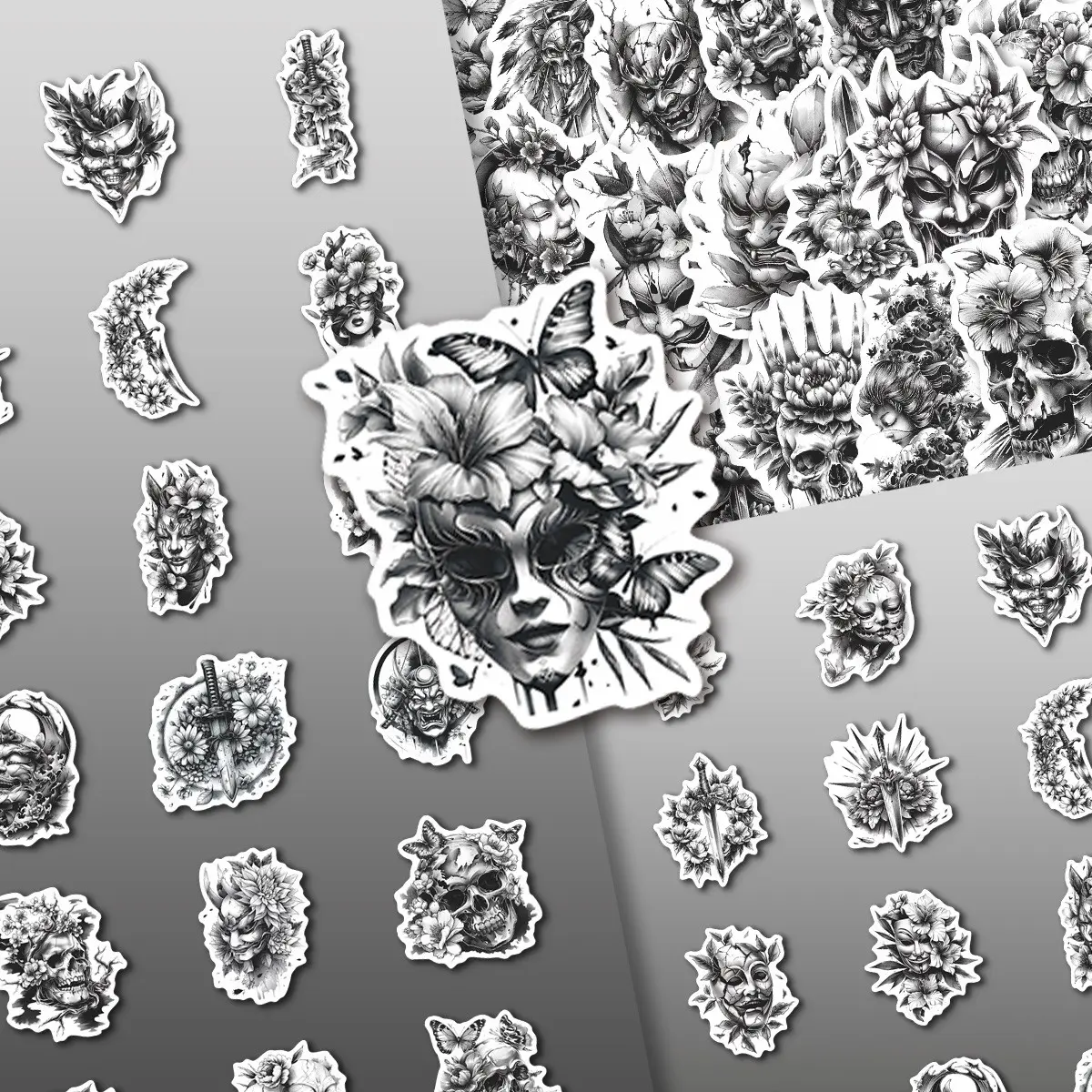 50Pcs Black White Floral Mask Skull Vinyl Stickers Pack | Dark Ink Sketch Butterfly Dagger Flower Portrait Art Decals | For Phone, Water Bottle, Tablet Decor & Suitcase Decor | For Aesthetic & Hobby Collectors