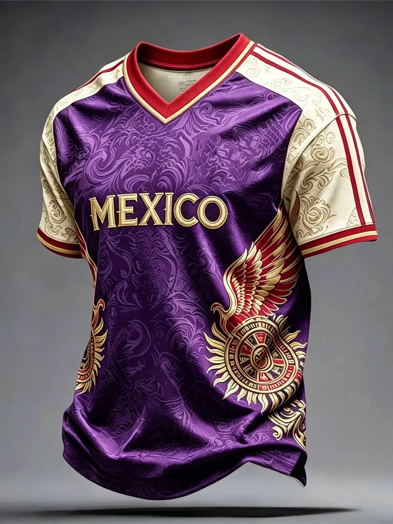 Mexico Gold Eagle Football V-Neck Shirt, Soccer Champion Gameday Top, Casual Ethnic Pattern Design, All-Season Wear, Soccer Jerseys