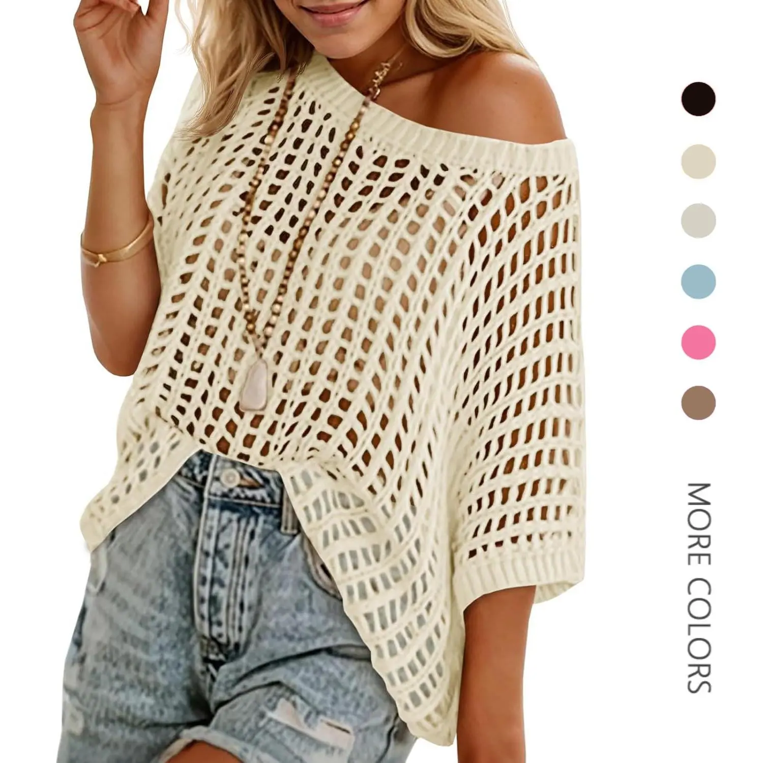 Women's Oversized Airy Crochet Knitting Top - Batwing Short Sleeve, Off-Shoulder Boat Neck, Hollow Out Loose Boho Lightweight Summer Beach Cover Up for Swimming