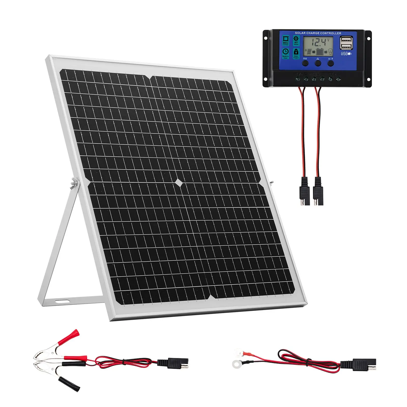 VEVOR 30W 12V High-Efficiency Monocrystalline Solar Panel Battery Trickle Charger Maintainer with Intelligent MPPT Controller, Adjustable Mount Bracket, IP67 Waterproof, 43.3-inch Alligator Clips, 122-inch Extension Cord for Car, Boat, RV, Outdoor Use, No