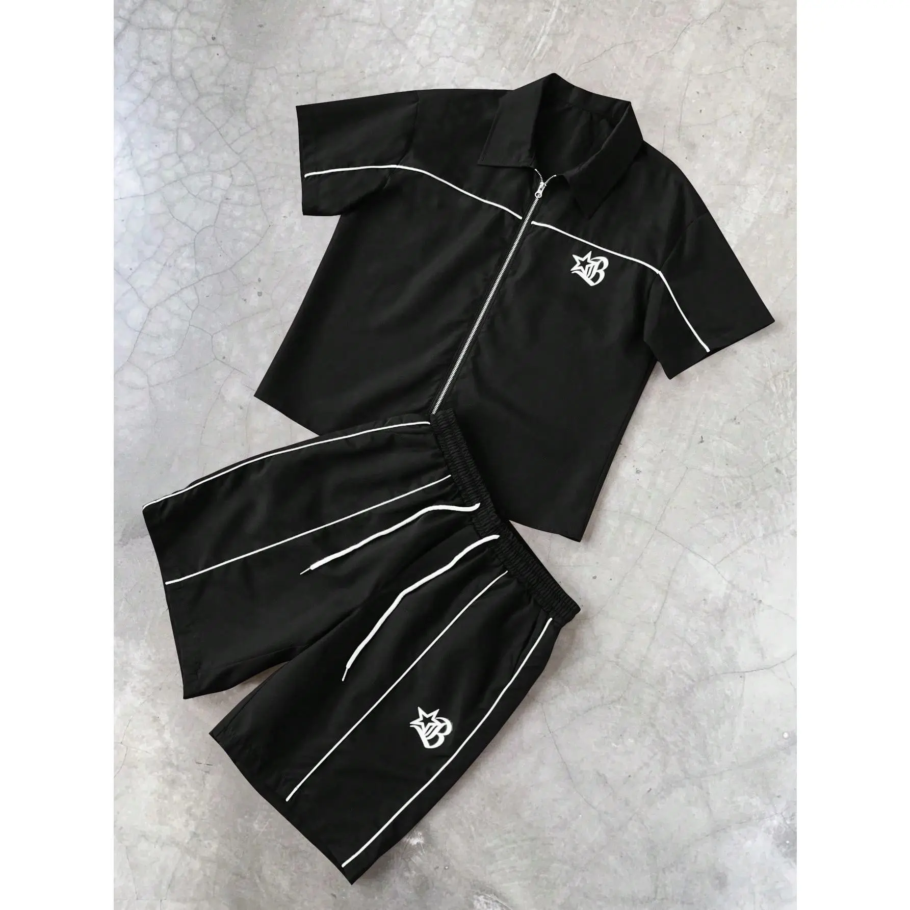Men's 3pcs Star Print Short Sleeve Zipper Front Shirt & Shorts Summer Streetwear Outfits Men's 3pcs Star Print Short Sleeve Zipper Front Shirt & Shorts Summer Streetwear Outfits