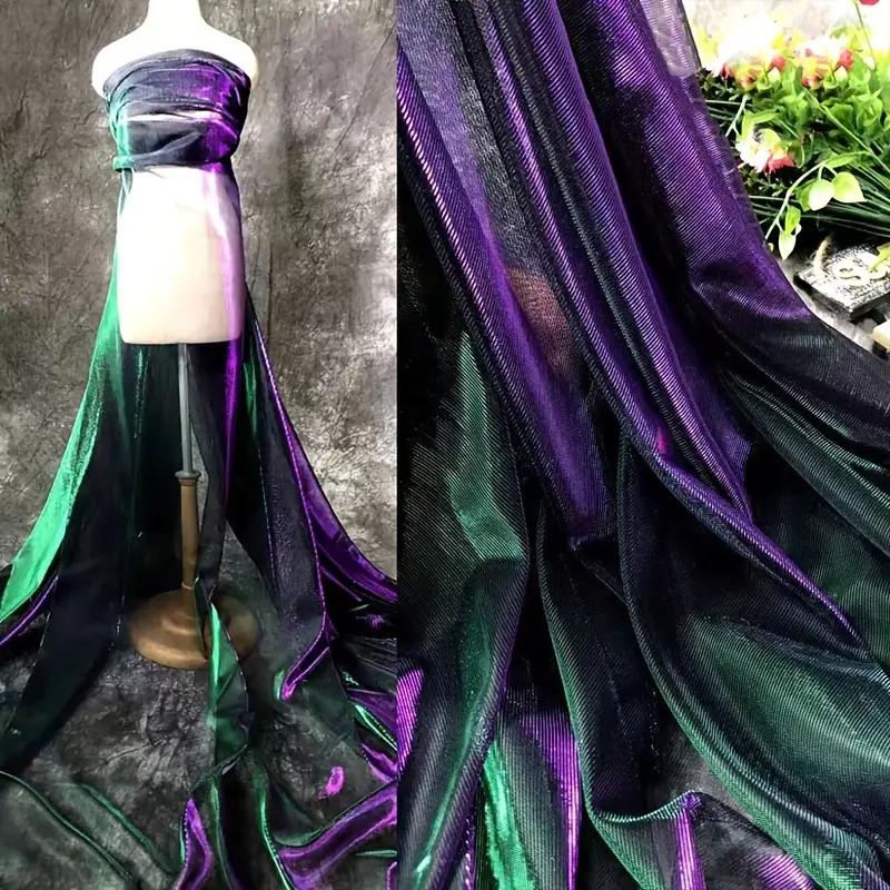 Luxury Holographic greenpurple Shimmer Sheer Tulle Fabric, Glossy Metallic Transparent Mesh Cloth, Multi-purpose Sewing Fabric for Formal Outfit, Stage Costume, Wedding Decor