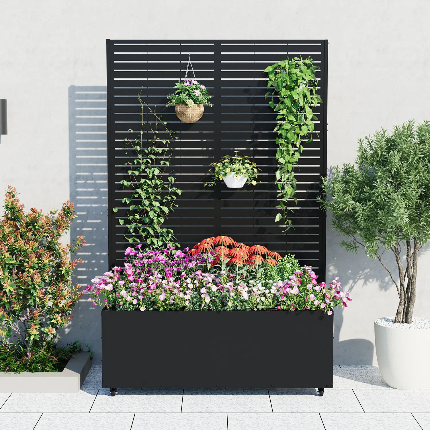 Metal Planter Box with Trellis, 72"x35"x16" Raised Garden Bed for Climbing Plants, Vegetables, Vines, Privacy Planters for Patio with Drainage Holes, 15.7" Deep Planting Bed,Black,Geometric/Leaf/Stripes,With Wheels/No Wheels