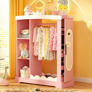 Kids Armoire with Jewelry Cabinet, Full-Length Lighted Mirror, Dress up Storage with Mirror and Shelves, Princess kids wardrobe, Pink & White