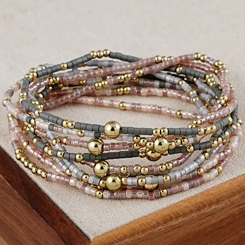 9-Piece Bohemian Handmade Beaded Bracelet Sets Elastic, Layered Stackable Bracelets for Women, Casual, Vacation, Party Wear, Boho Style Bracelet