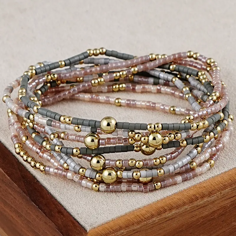 9-Piece Bohemian Handmade Beaded Bracelet Sets Elastic, Layered Stackable Bracelets for Women, Casual, Vacation, Party Wear, Boho Style Bracelet
