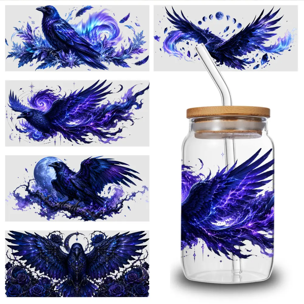 5 Sheets Purple Raven UV DTF Stickers UV DTF Transfer Paper for 16oz Glass Cups, Scratch-Resistant Decals with Vibrant Colors & Easy Application, for Mugs & Water Bottles, 4.3" x 9.4"