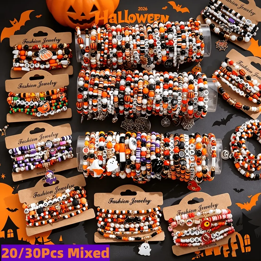 Halloween Charm Bracelets Set, 20/30 Piece Mixed Style Beaded Stretch Bangles for Women, Spooky Party Jewelry with Pumpkin & Skull, Skull Charm Bracelets & Bangles, Crystal Skull Bracelets & Bangles