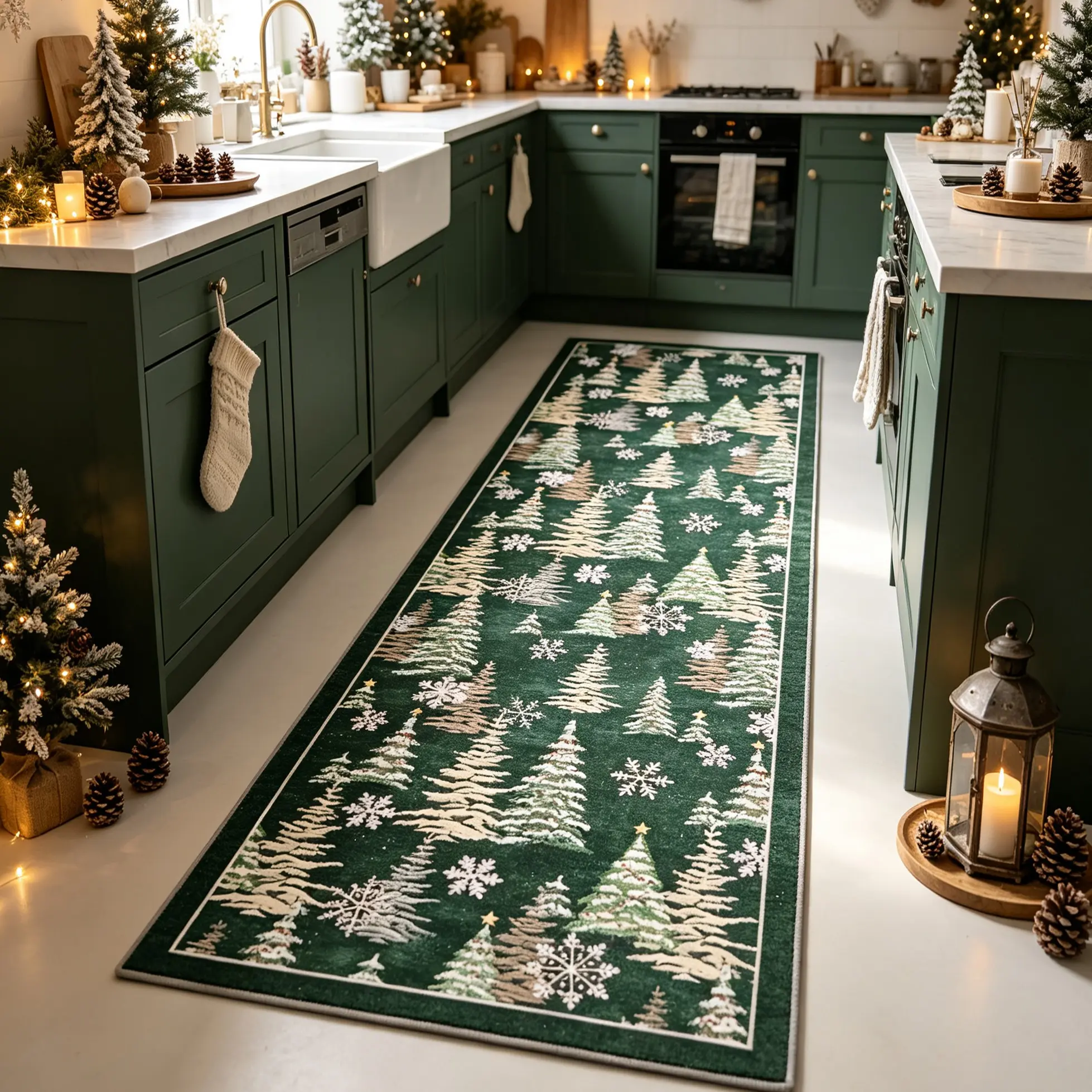 Vintage American Christmas Cedar Runner Rug, Deep Snowflake Tree Carpet, Soft Comfortable Rectangular Mat, Kitchen Rugs Washable, Non-Slip