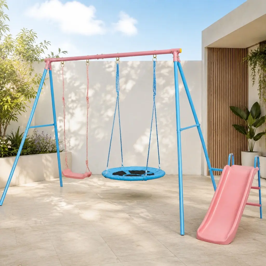Kids' Durable Metal Frame Multi-Swing Set with Slide - Blue and Pink Outdoor Play Equipment for Patio