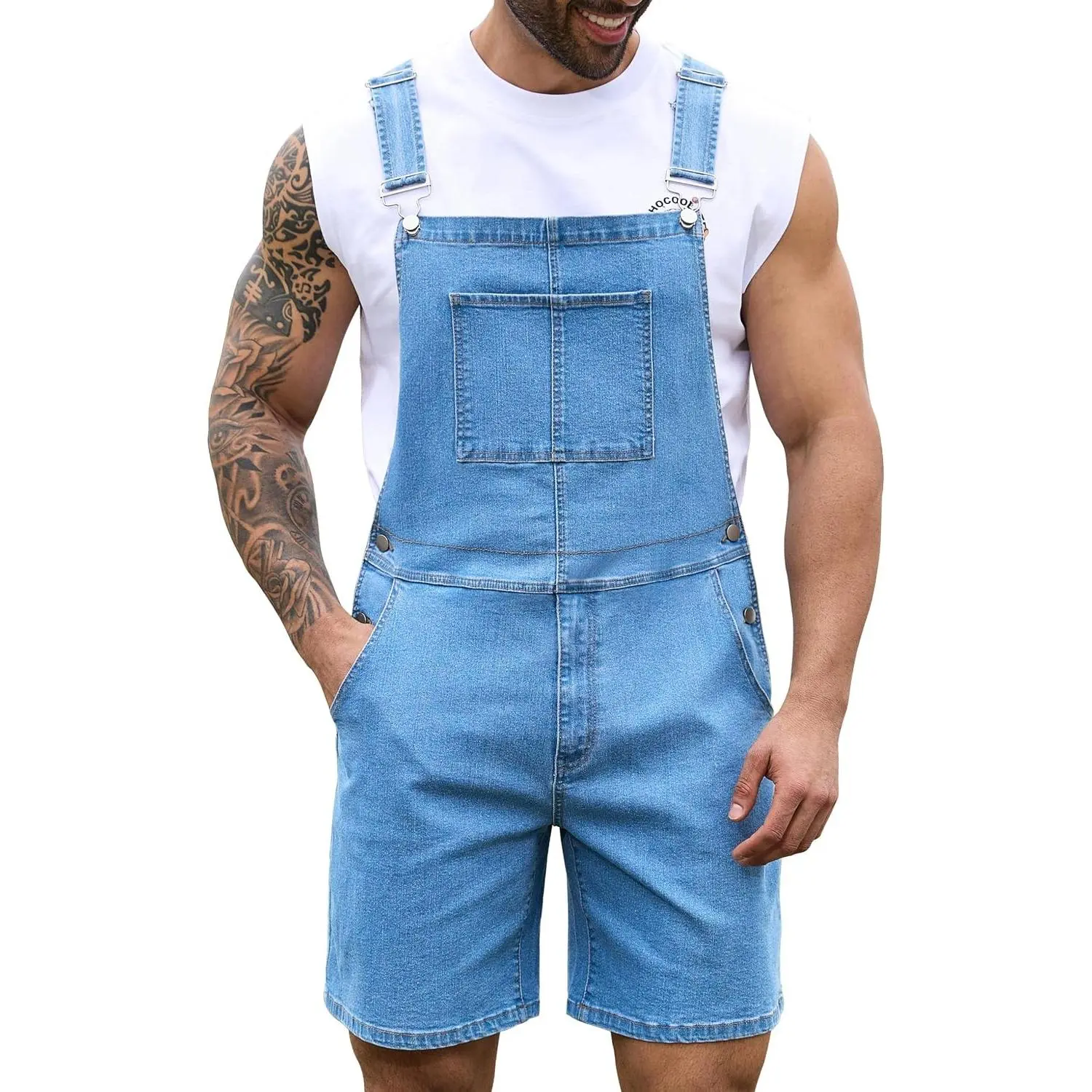 Denim Overalls for Men Jean Shorts Jumpsuit Work Bibs Coveralls with Zipper