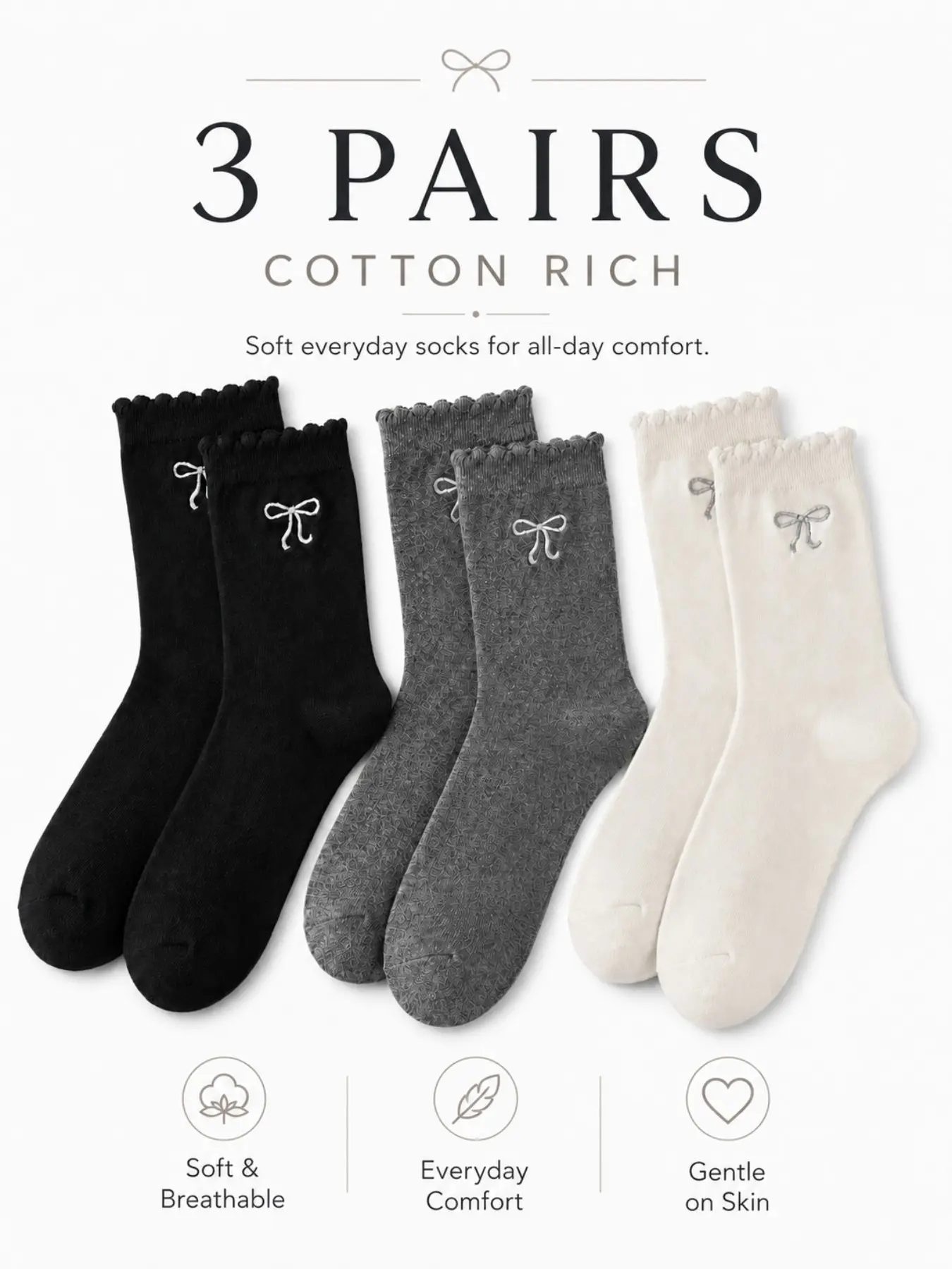 Women's 3 Pairs  Mixed color Butterfly Knot Embroidered Mid-length Lace  Socks,Elastic Socks ， Plain Surface, Loose-Fitting， Comfortable and Durable，Moisture-Wicking Simple style for All seasons.
