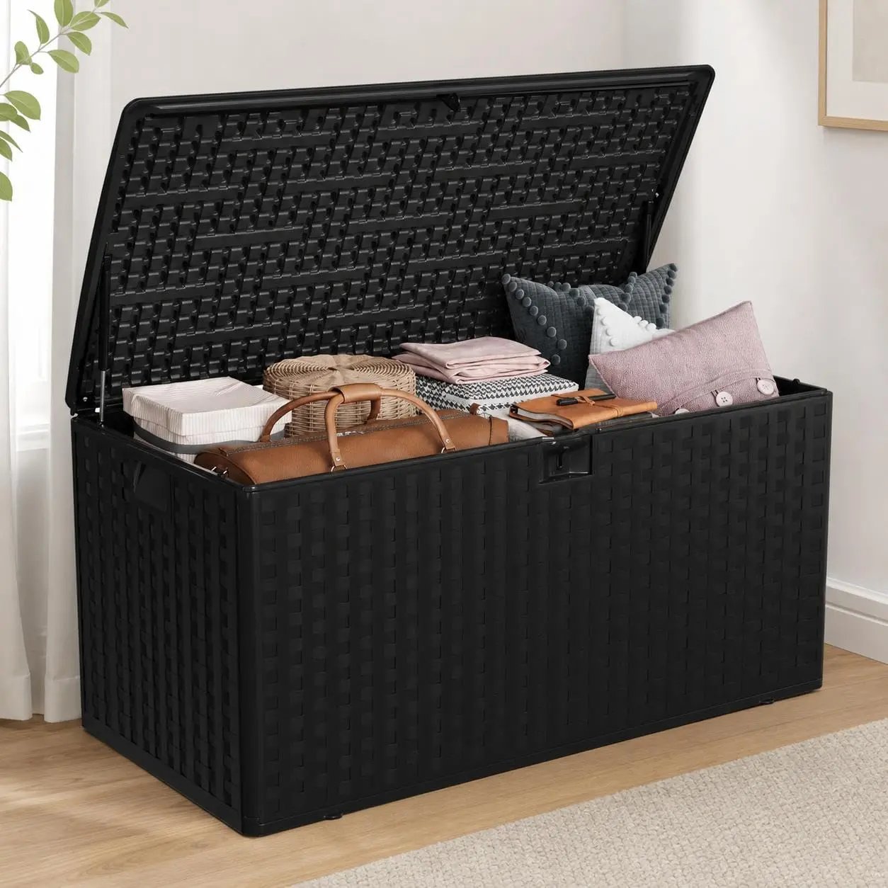 GARVEE 99 Gallon Large Outdoor Storage Box - Waterproof Resin Deck Box with Lockable Lid & Gas Struts, All-Weather Patio Storage Bench for Cushions, Pool Toys, Garden Tools, Rattan Texture, Black