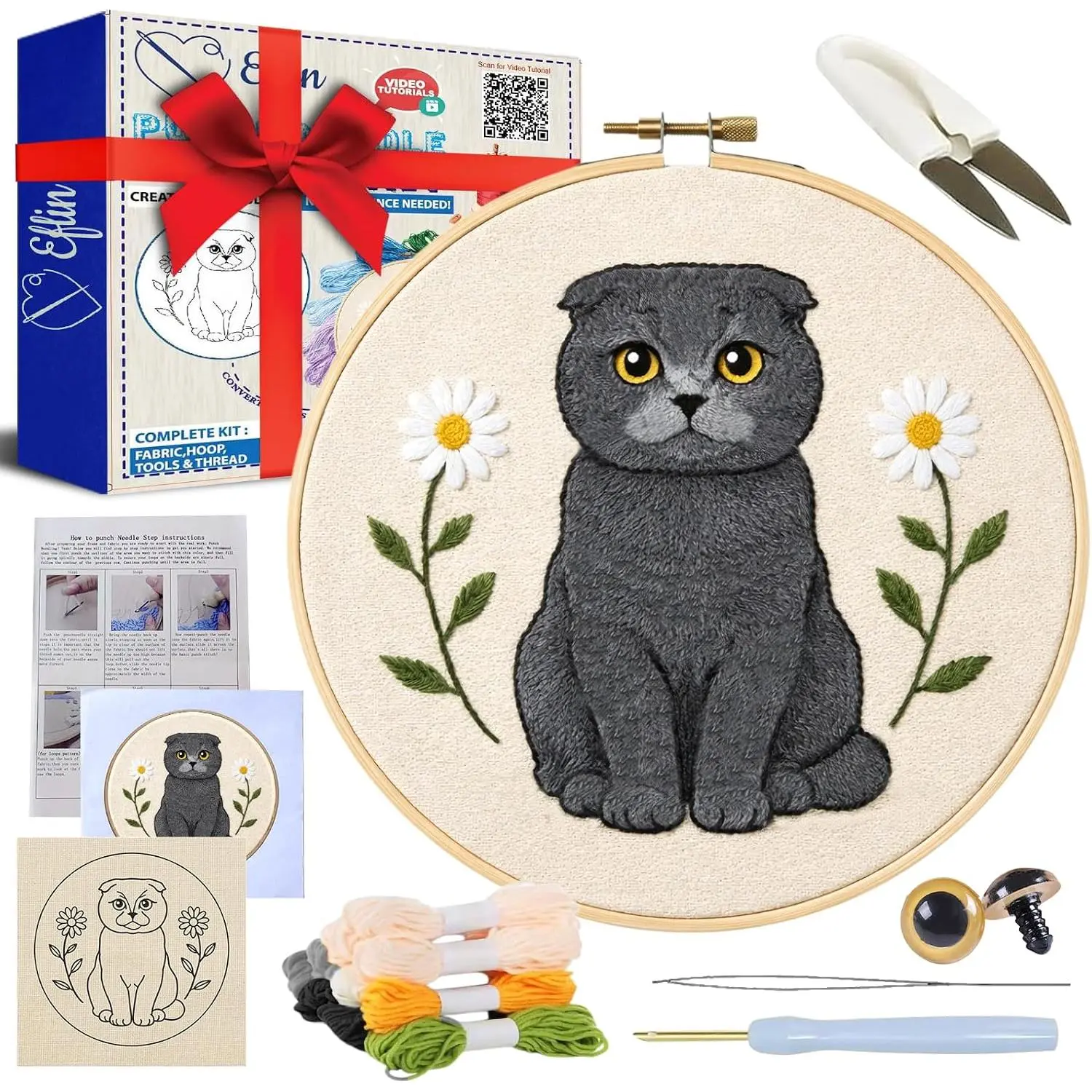 Punch  Kits Adults Beginner, Cute Scottish Fold  Punch  Kit for Beginners with Daisy ,   Hoop, Yarns, Tools, Tutorial Video, Rare  for Craft Kits, Decors