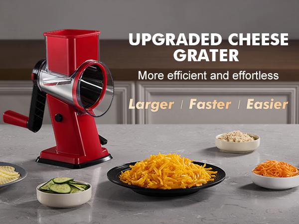 Geedel Rotary Cheese Grater 4-in-1 Shredder with Handle Durable Kitchen Tool Red Color Utensils for Effortless Cheese Preparation Vegetable Slicer Detachable Stainless Steel Blades Rack