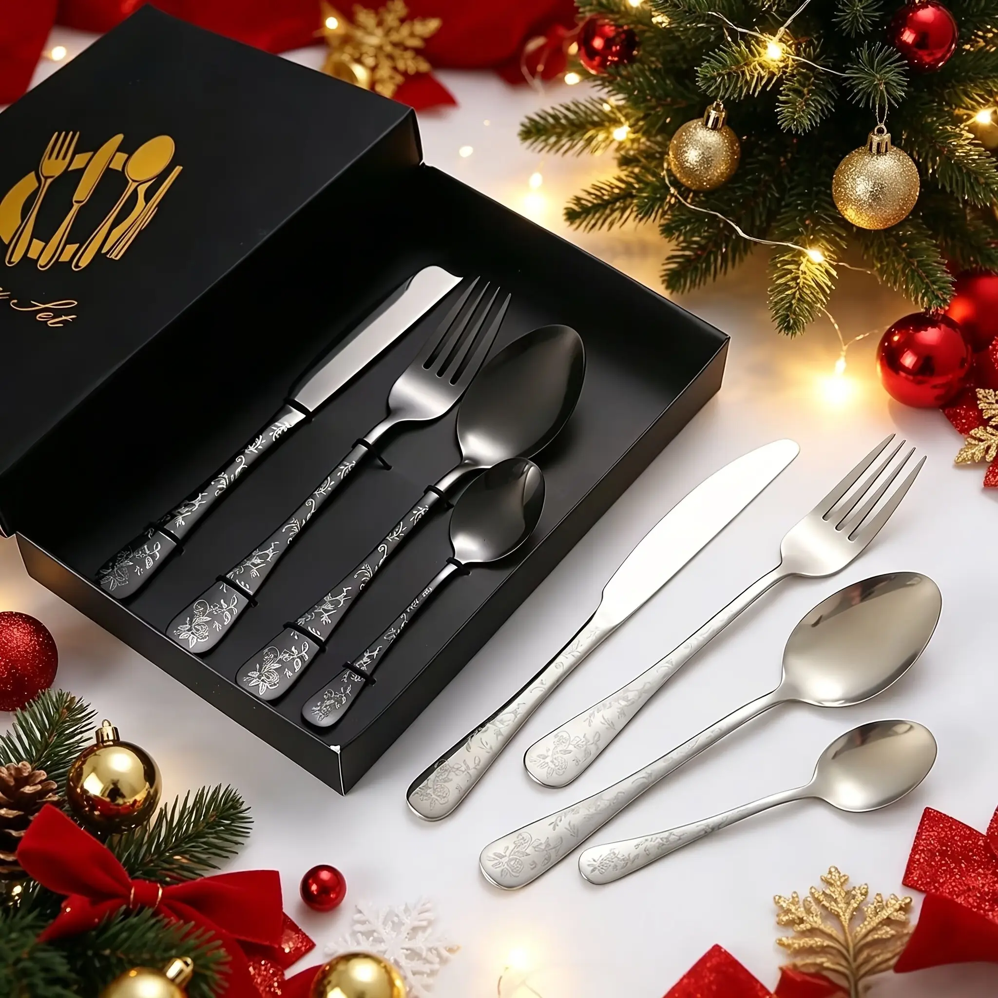 4pcs Stainless Steel Cutlery Gift Set, Creative Laser Floral Pattern Western Fork Spoon Coffee Spoon, Multicolor Four Piece Set, Perfect Christmas Gift