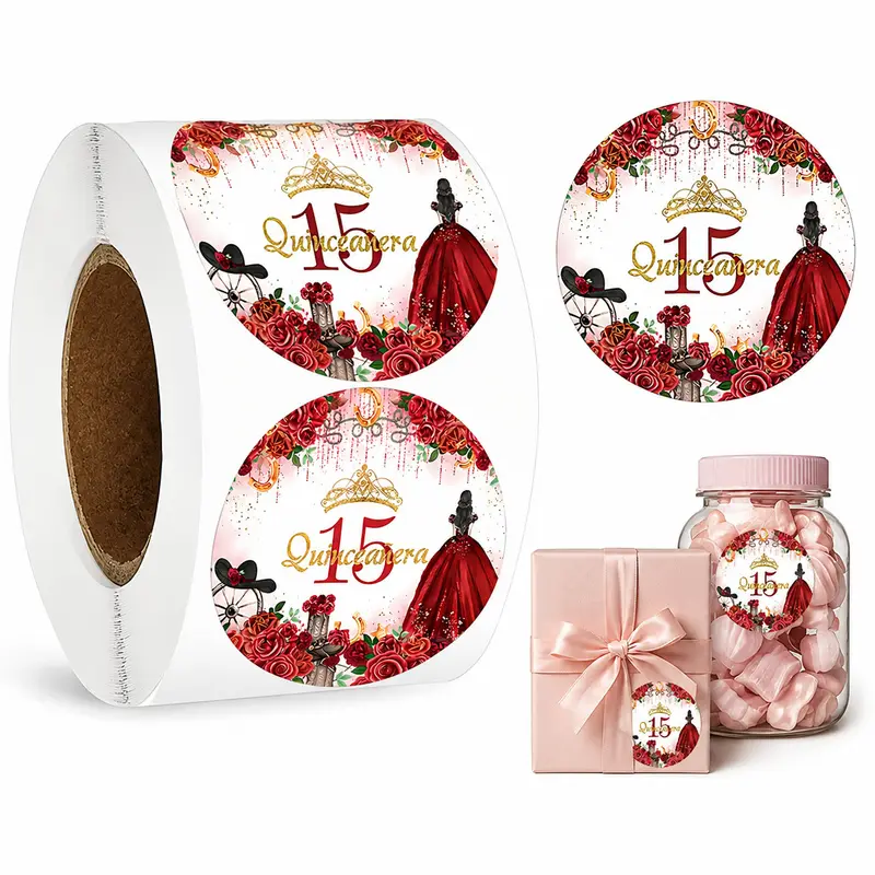 500Pcs 15th Birthday Celebration Stickers, Featuring Red Roses, Golden Crowns, Elegant Dresses, Vintage Floral Patterns, And Sparkling Decorations, Suitable For Party Favors, Gift Wrapping Labels, And Birthday Gifts