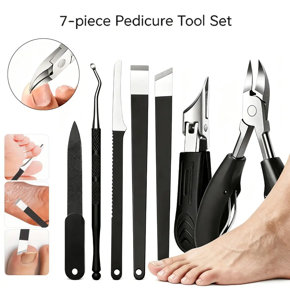 7pcs Stainless Steel Pedicure Tool Set, Ingrown Toenail Clippers, Nail File, Cuticle Remover Kit, Professional Foot Care Tools for Thick Nails