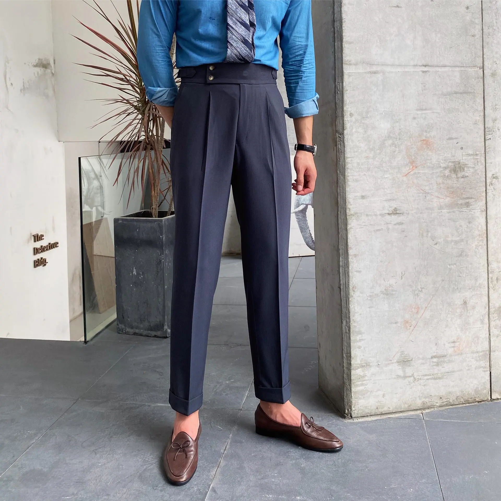 Men's Vintage High-Rise Gurkha Pleated 9-Minute Pants, Straight-Fit Roll-Cuff Ankle-Length Formal Casual Slacks