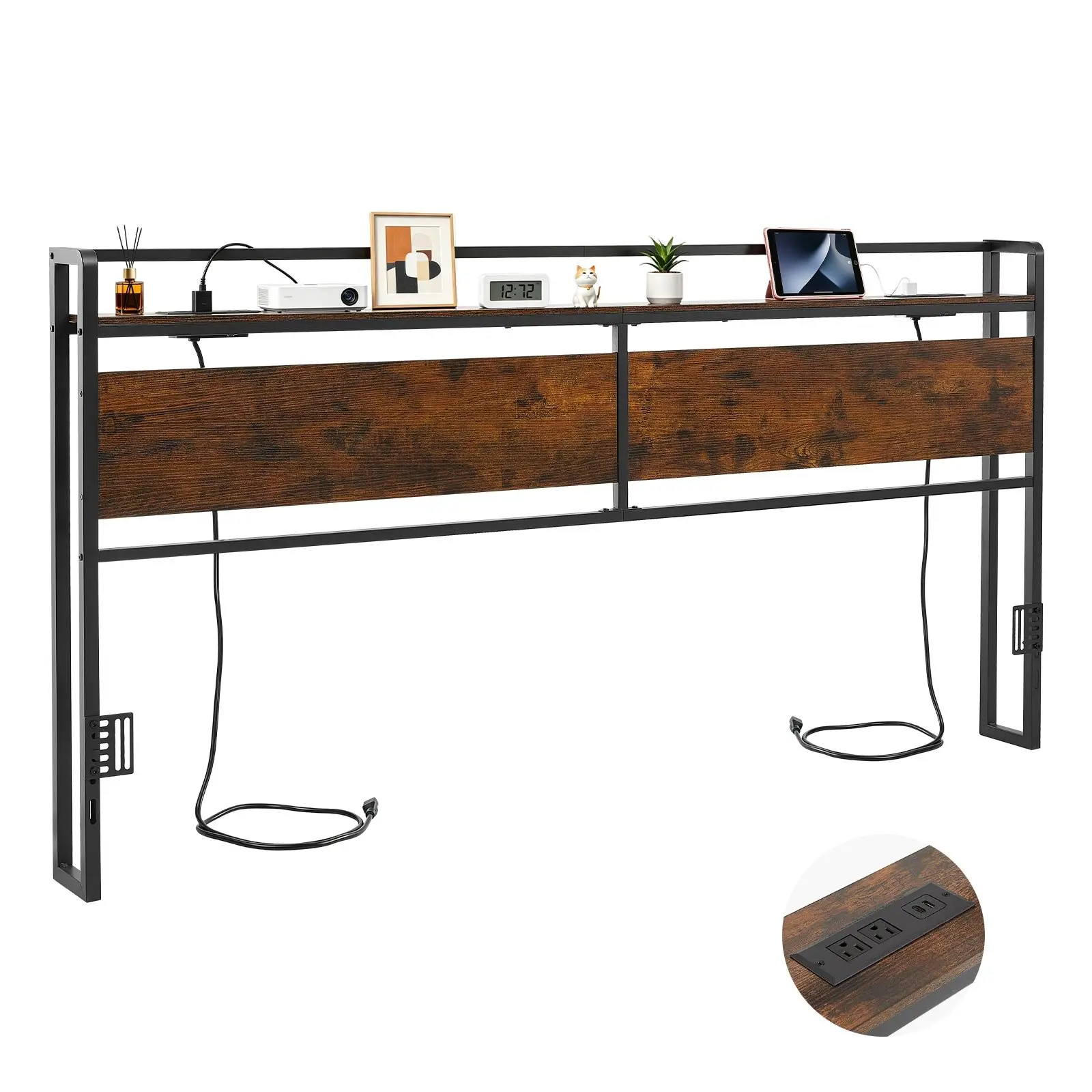 VEVOR King Size Bed Headboard with Carbon Steel Metal Frame, 2 Outlets, 1 USB & 1 Type-C Charging Ports, Storage Shelf, Adjustable Height, Industrial Look, Easy Install, Black & Brown