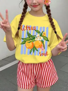 2-Piece Set for Teen Girls, Summer Casual Bright Lemon Print Round Neck Short Sleeve T-Shirt and Shorts, Loose-Fit Street Style