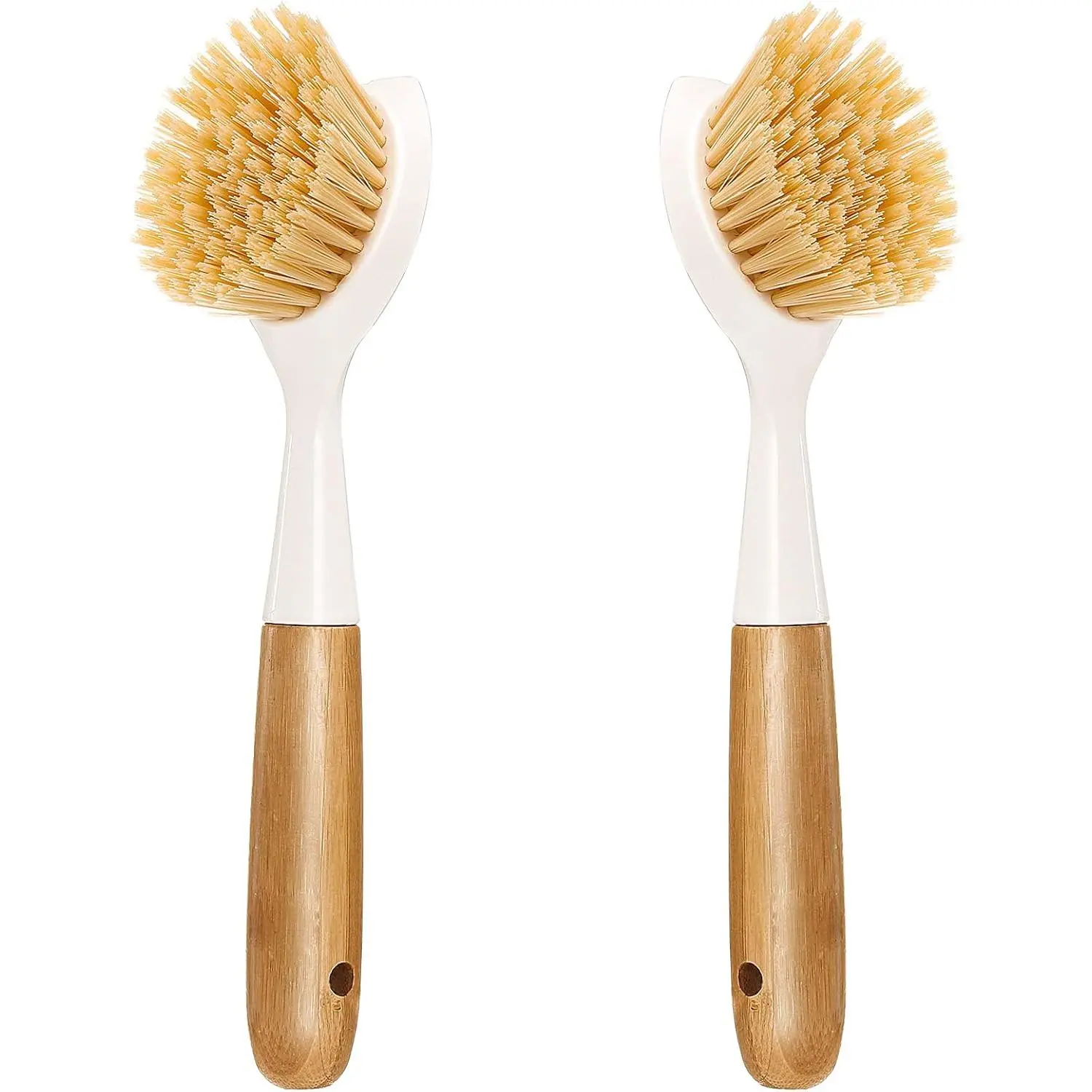 2-piece kitchen dishwashing brush set, bamboo-handled dishwashing brush with built-in scraper, suitable for cleaning pots, pans, and kitchen sinks, the dishwashing brush is the perfect cleaning tool