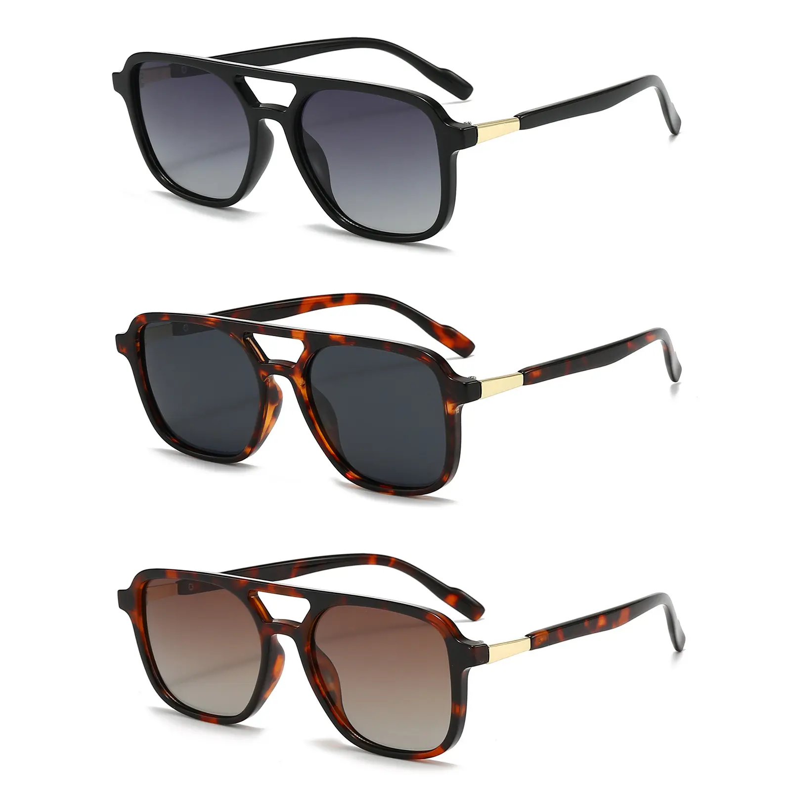 XUH Unisex Retro Pilot Sunglasses - Square Oversize Double Bridge, Tortoiseshell/Black Polyamide PA Frames, Gold Metal Hinges, UV400 Shield Gradient Lenses for Daily Wear, Travel