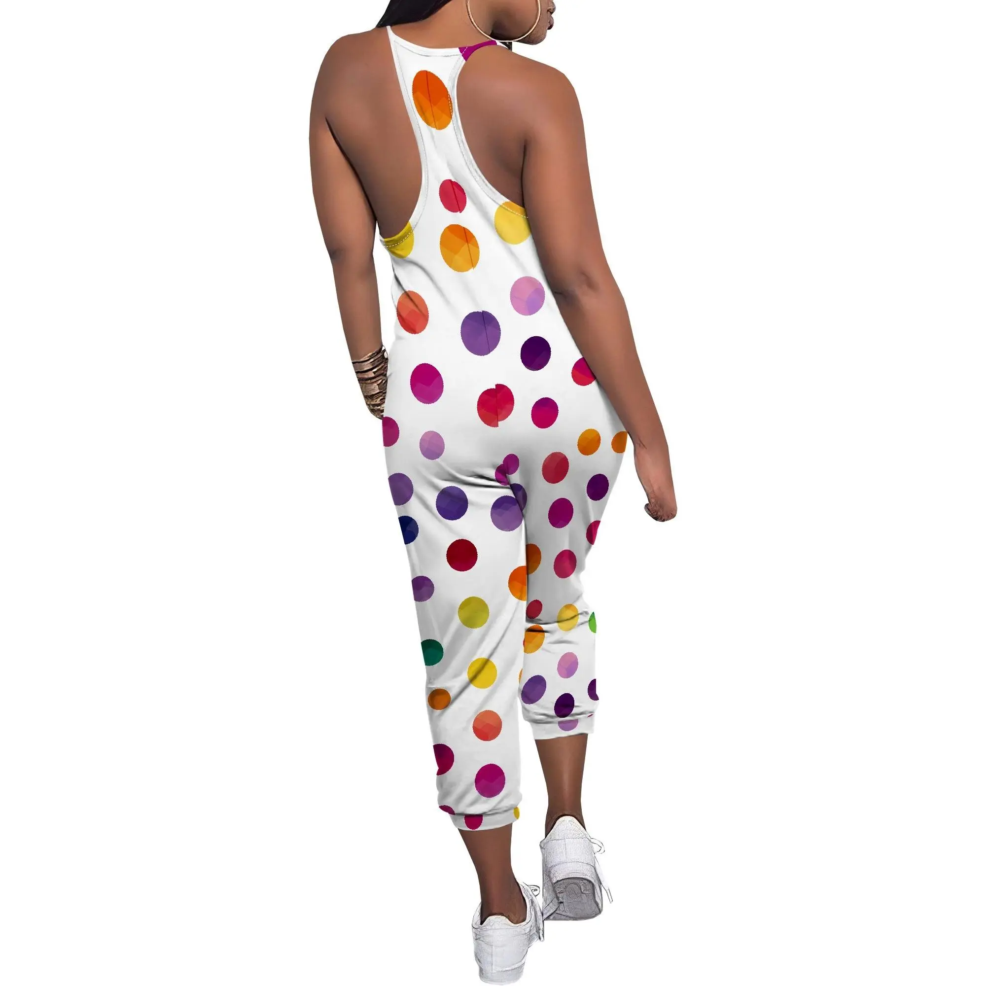 Rainbow Dots Jumpsuit, V Neck Polka Dot Romper, Sleeveless Spaghetti Strap Playsuit with Pockets, Casual Summer Outfit for Women, S-2XL