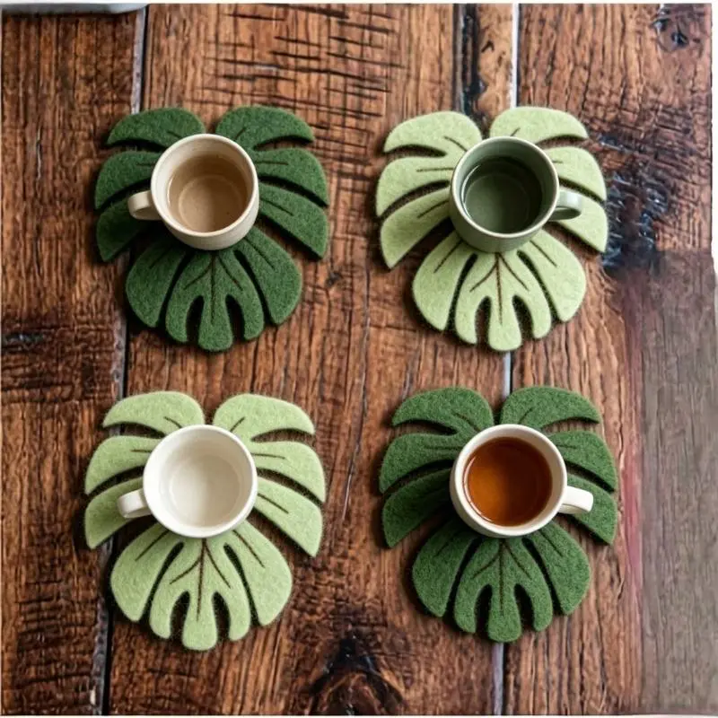Modern Leaf Shape Silicone Coasters, 4-Piece Set with Wooden Holder for Coffee Table, Non-Slip Heat-Resistant Tropical Indoor Home Decor, Aesthetic, Classic, Durable, Glow-In-The-Dark, Led, Small