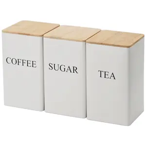 3Pcs TEA, COFFEE, SUGAR three combination sets storage box, spice jar, can store tea, coffee, fruit tea, candy, spices, seasonings, etc., kitchen storage set, equipped with bamboo cover-metal storage container