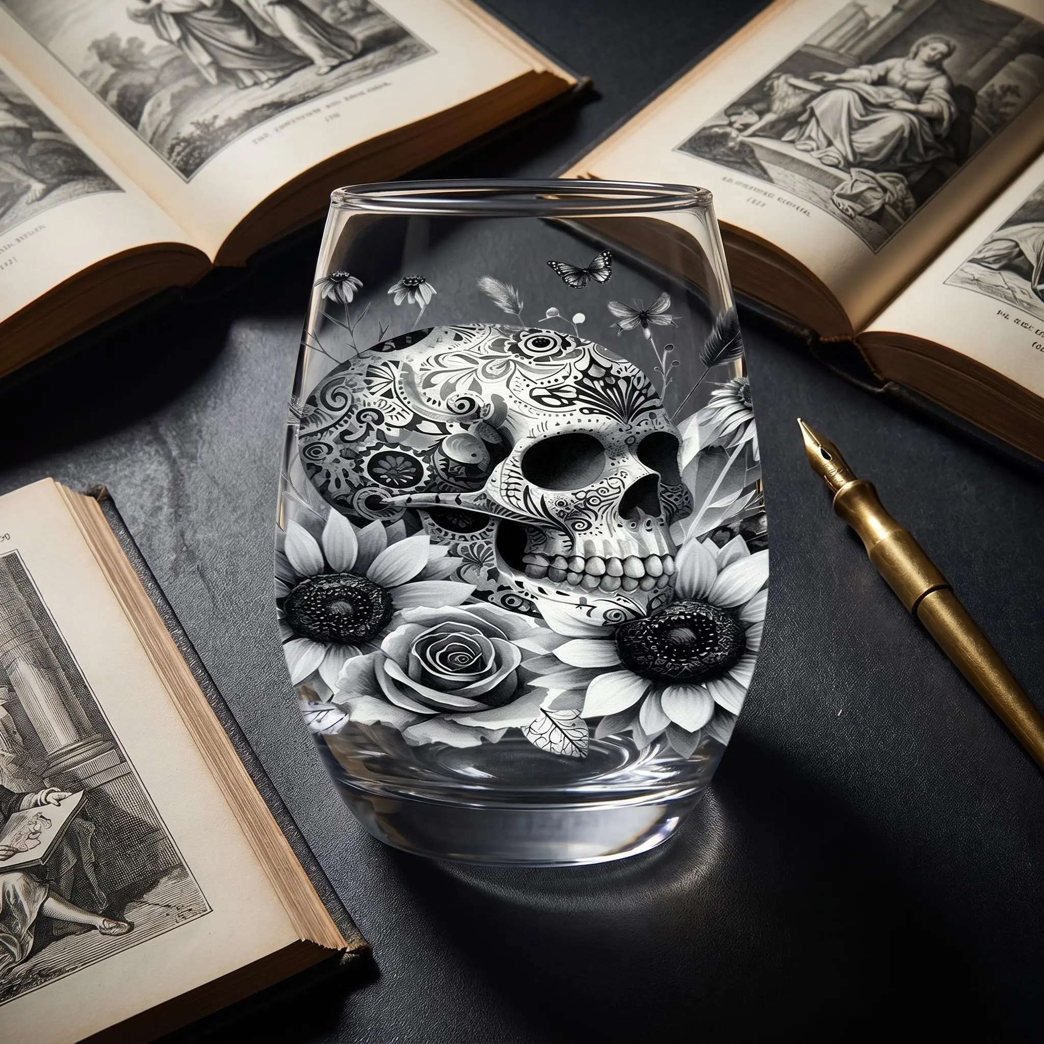 1pc/12oz/350ml/Stemless Wine Glasses,Champagne And Whisky Glass,Party Cups For Indoor Outdoor Perfect For Home Office Bar Weddings And Toasts,Intricate Patterned Skull With Flowers Feathers Butterflies Festi,Warm Gifts For Friends,Summer Party Gifts